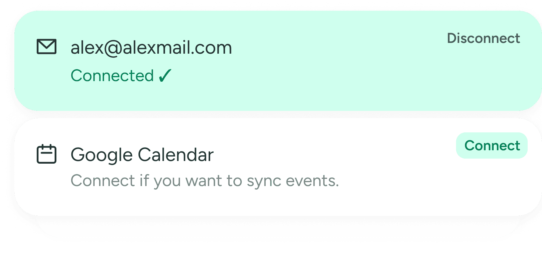 Email connection — alex@alexmail.com connected, Google Calendar to connect