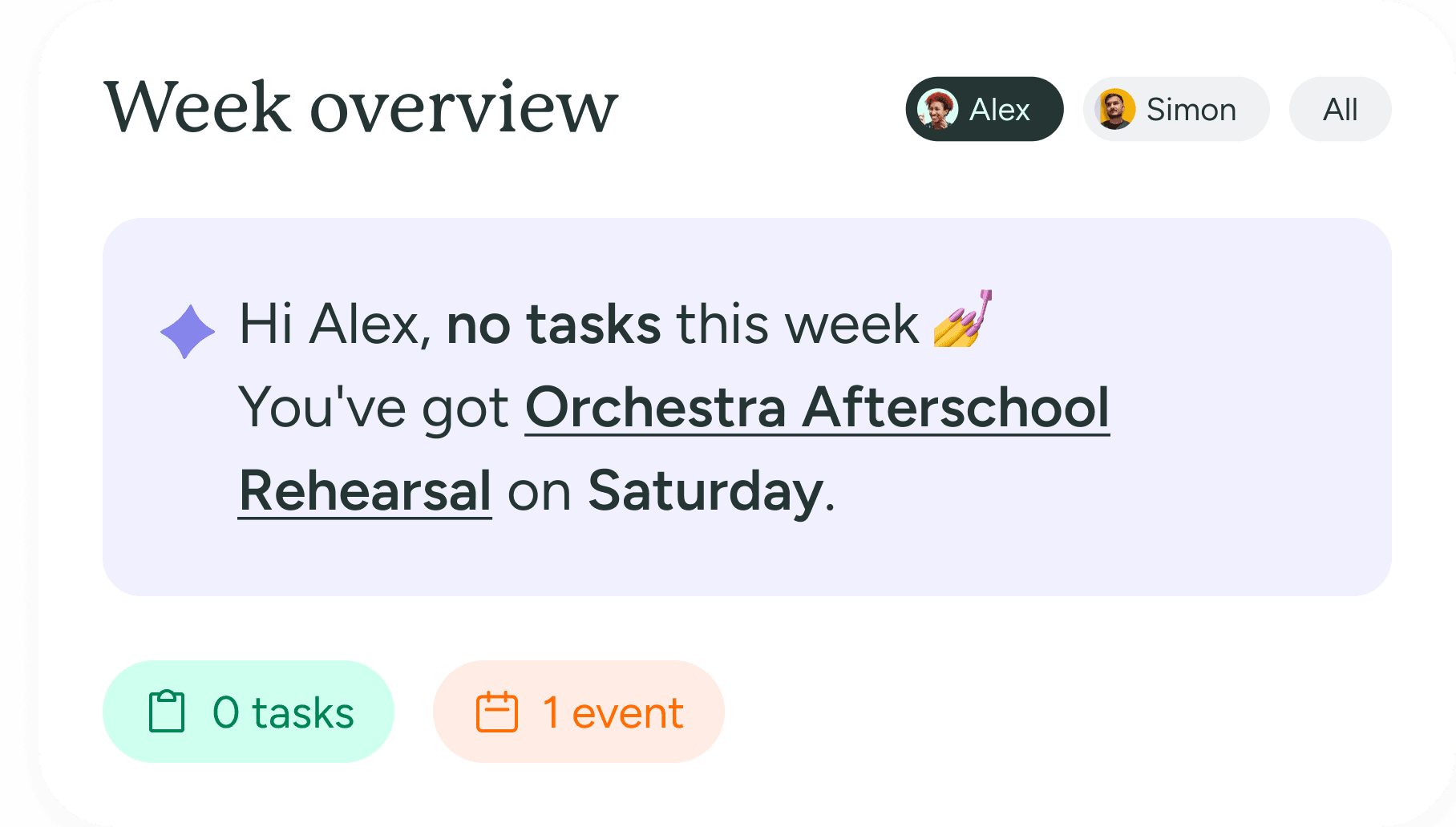 Week overview — Hi Alex, no tasks this week, Orchestra Afterschool Rehearsal on Saturday